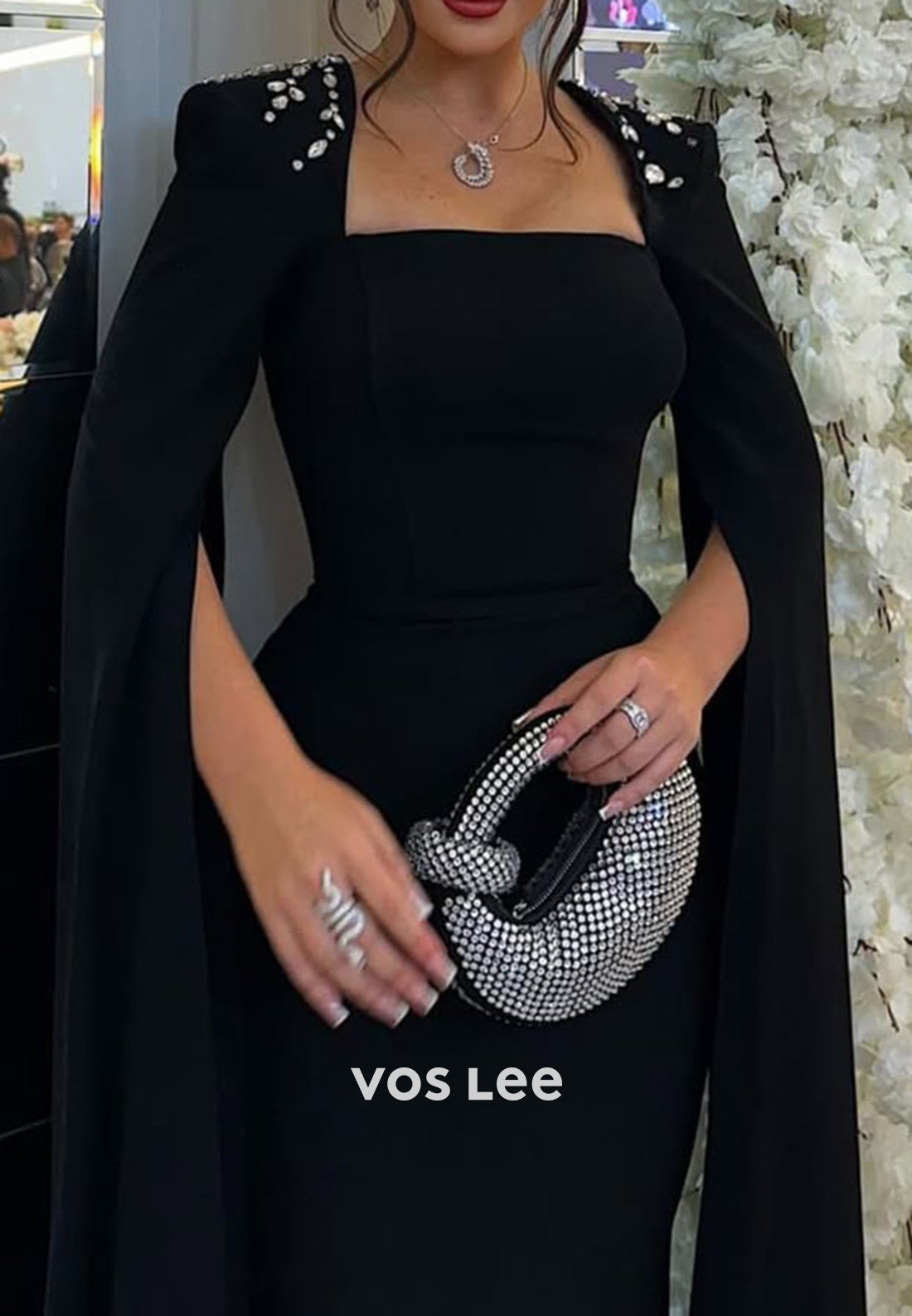 Couture & Ornate Long Sleeve Square Rhinestone Mermaid Floor-Length Evening Dresses