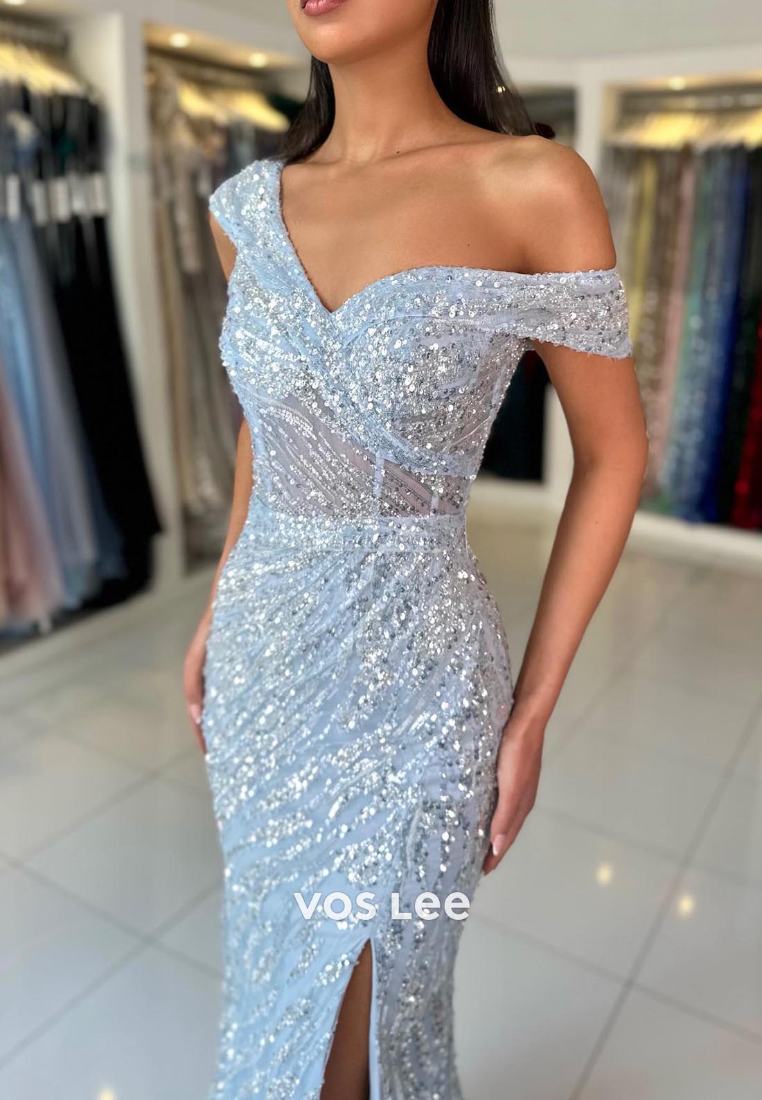 Allover Sequined Off-Shoulder Ruched Mermaid Prom Dresses with Sweep Train