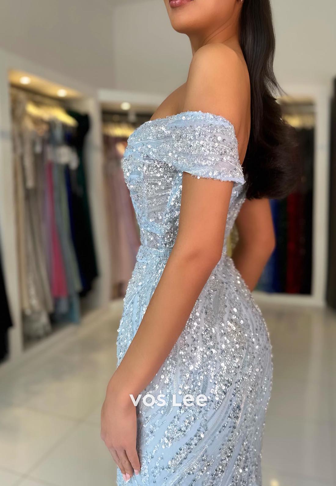 Allover Sequined Off-Shoulder Ruched Mermaid Prom Dresses with Sweep Train