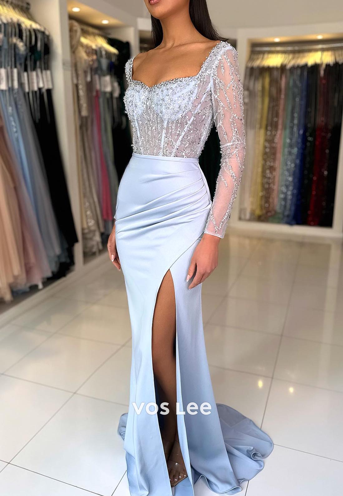 Illusion Cutout Long Sleeves Sweetheart Ruched Mermaid Prom Dresses with Split