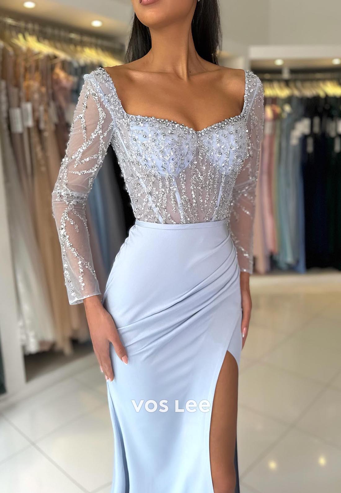 Illusion Cutout Long Sleeves Sweetheart Ruched Mermaid Prom Dresses with Split