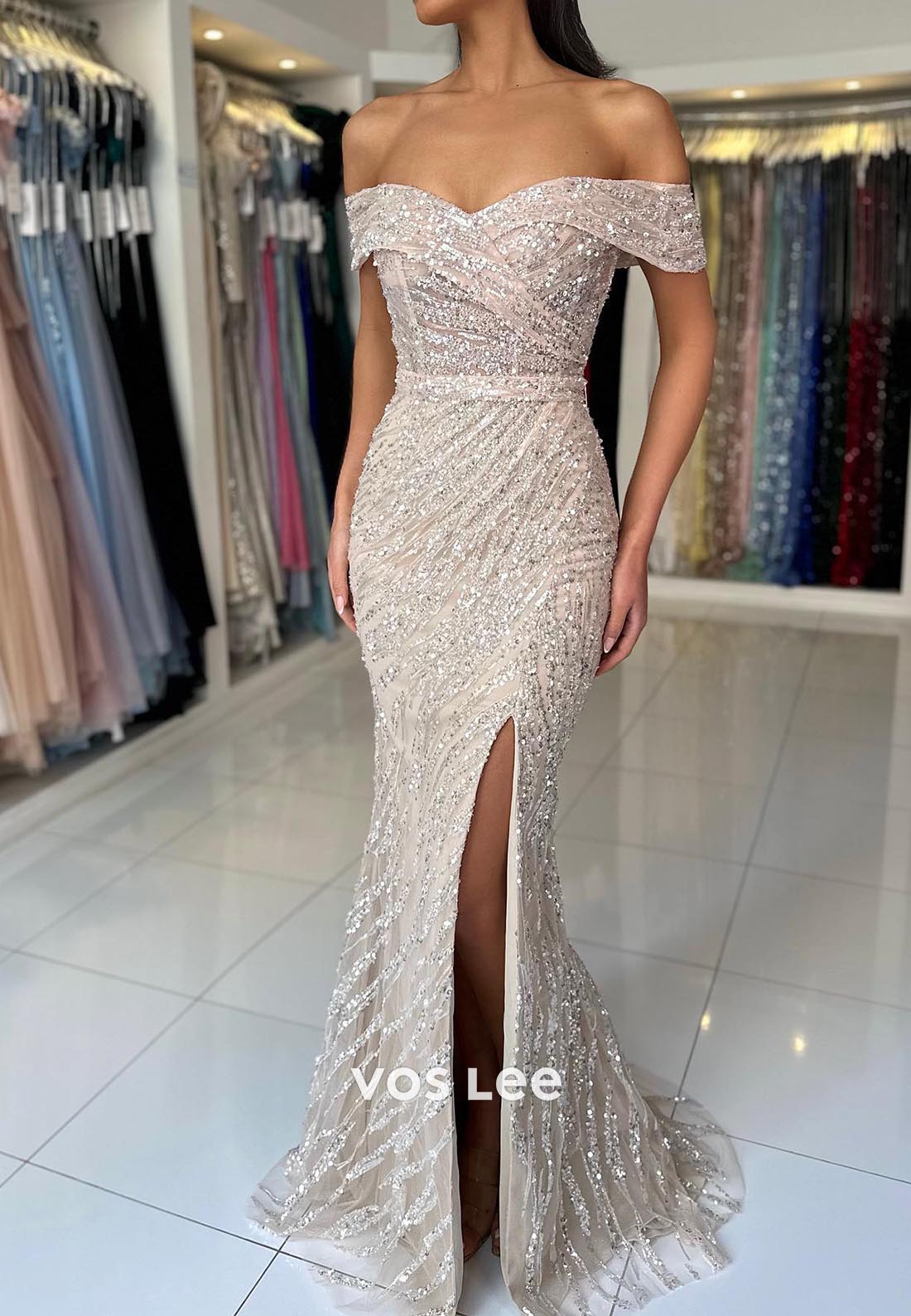 Allover Sequined Off-Shoulder Ruched Mermaid Prom Dresses with Sweep Train