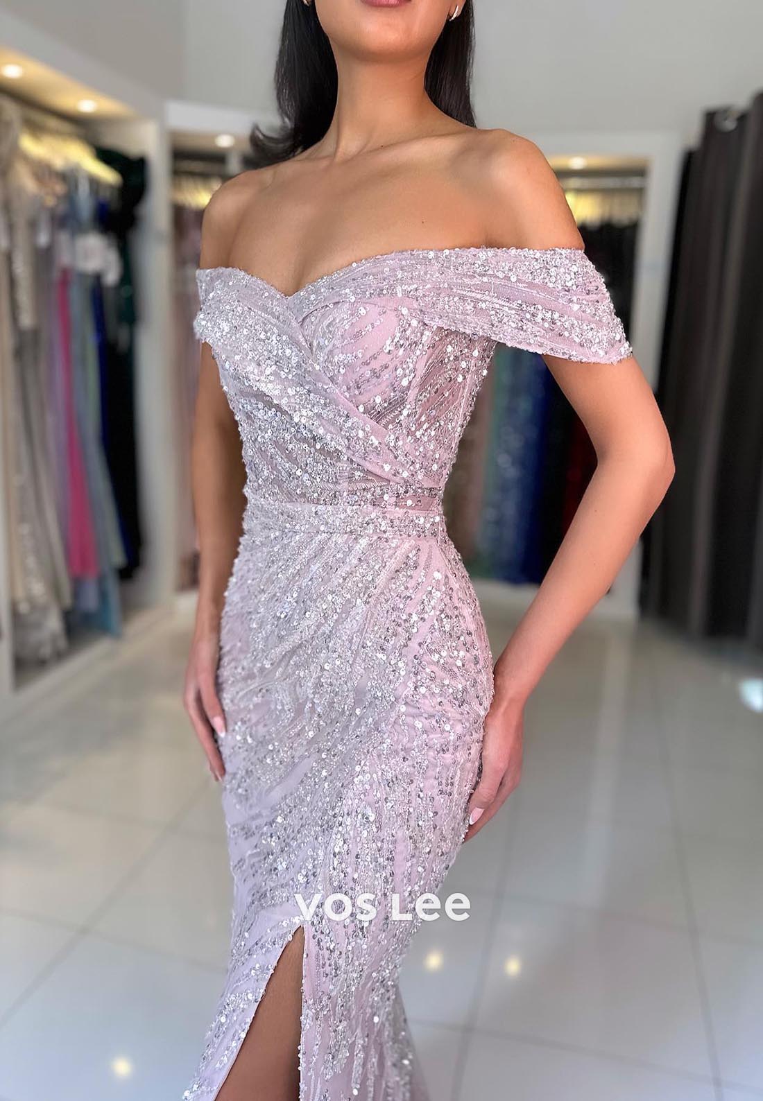 Allover Sequined Off-Shoulder Ruched Mermaid Prom Dresses with Sweep Train