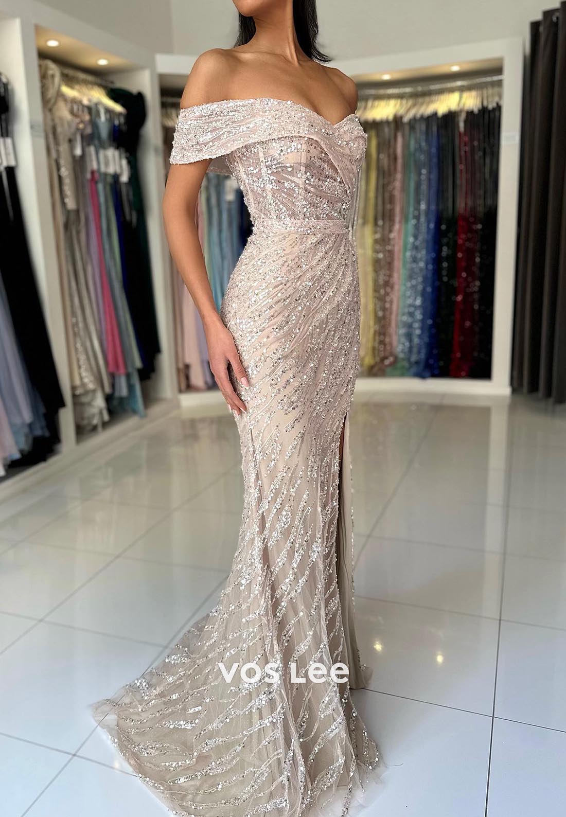 Allover Sequined Off-Shoulder Ruched Mermaid Prom Dresses with Sweep Train