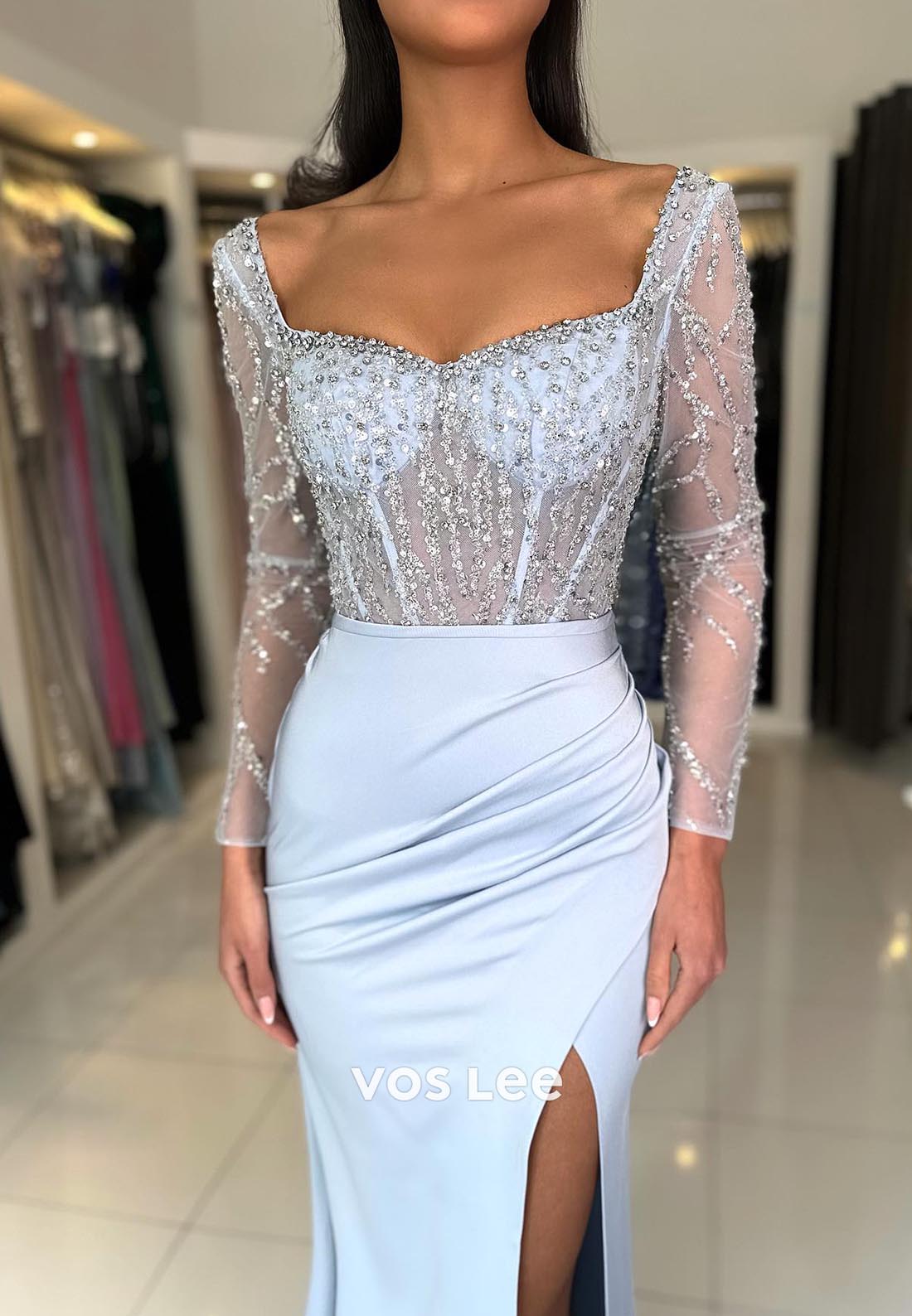 Illusion Cutout Long Sleeves Sweetheart Ruched Mermaid Prom Dresses with Split