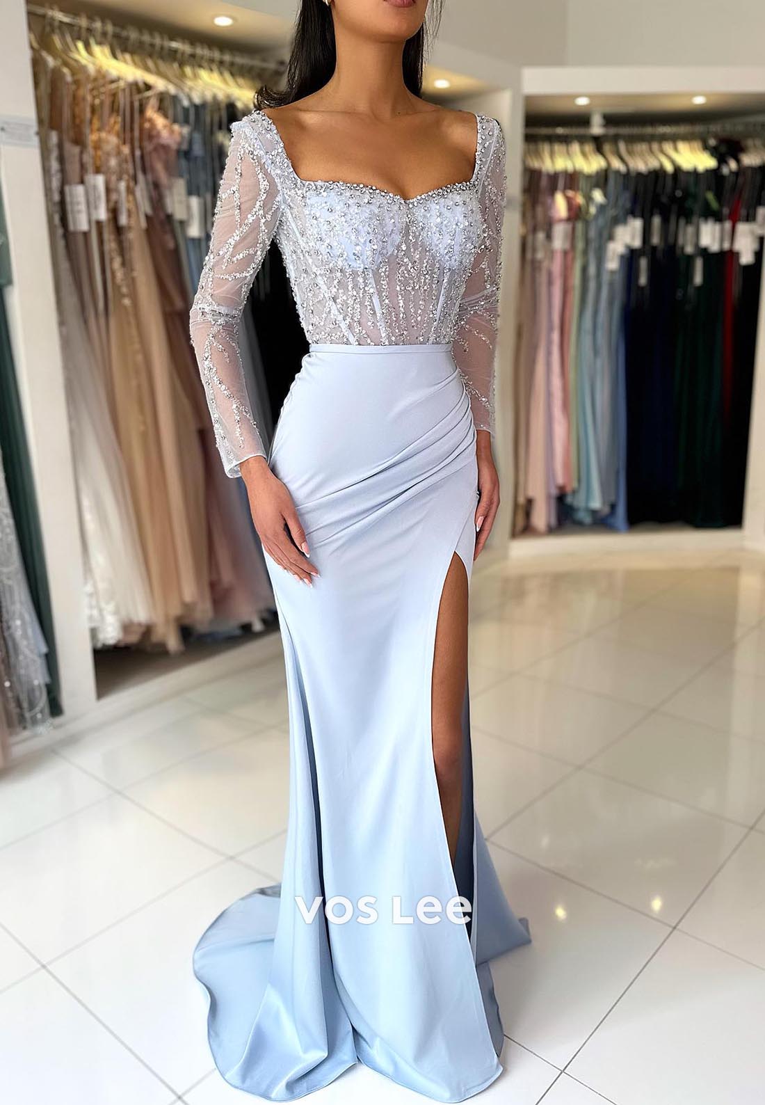 Illusion Cutout Long Sleeves Sweetheart Ruched Mermaid Prom Dresses with Split