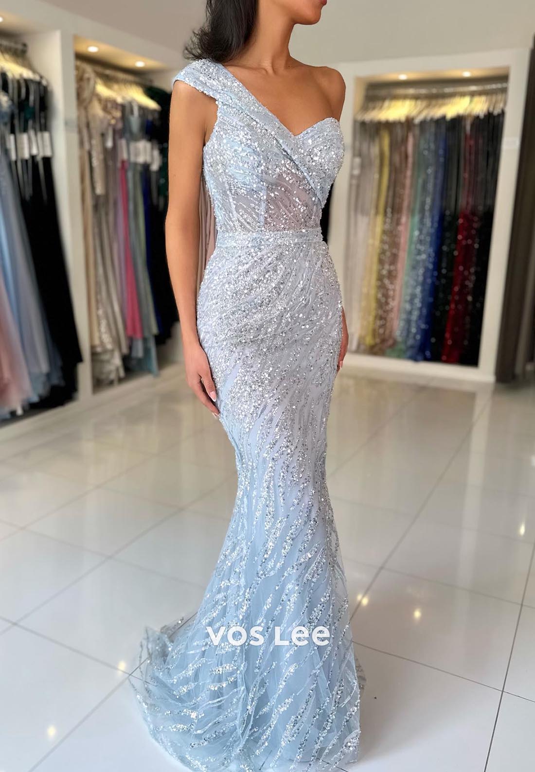 Allover Sequined Off-Shoulder Ruched Mermaid Prom Dresses with Sweep Train
