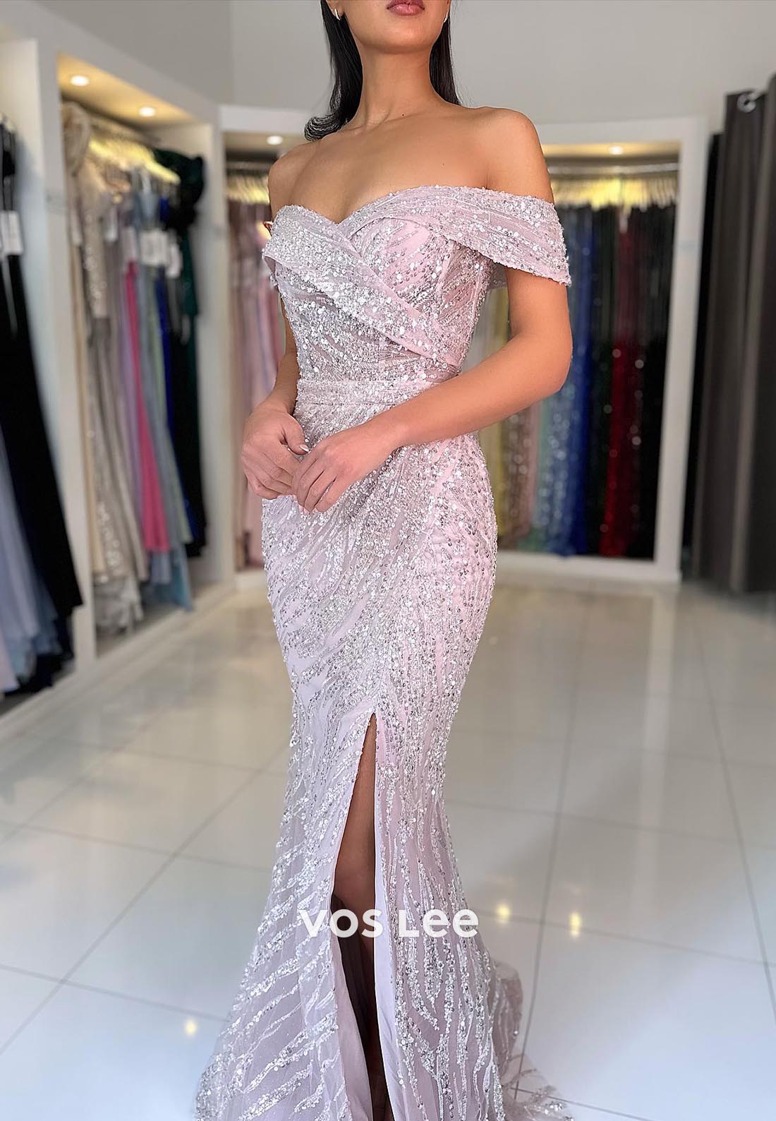 Allover Sequined Off-Shoulder Ruched Mermaid Prom Dresses with Sweep Train