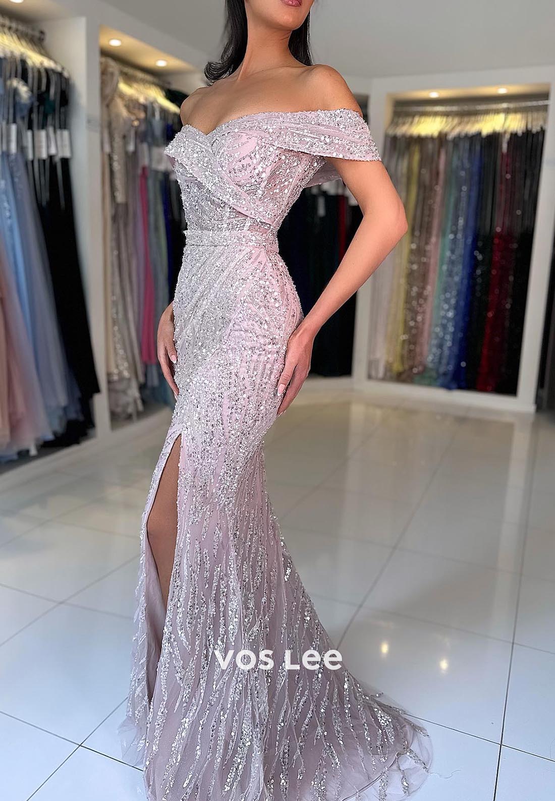 Allover Sequined Off-Shoulder Ruched Mermaid Prom Dresses with Sweep Train