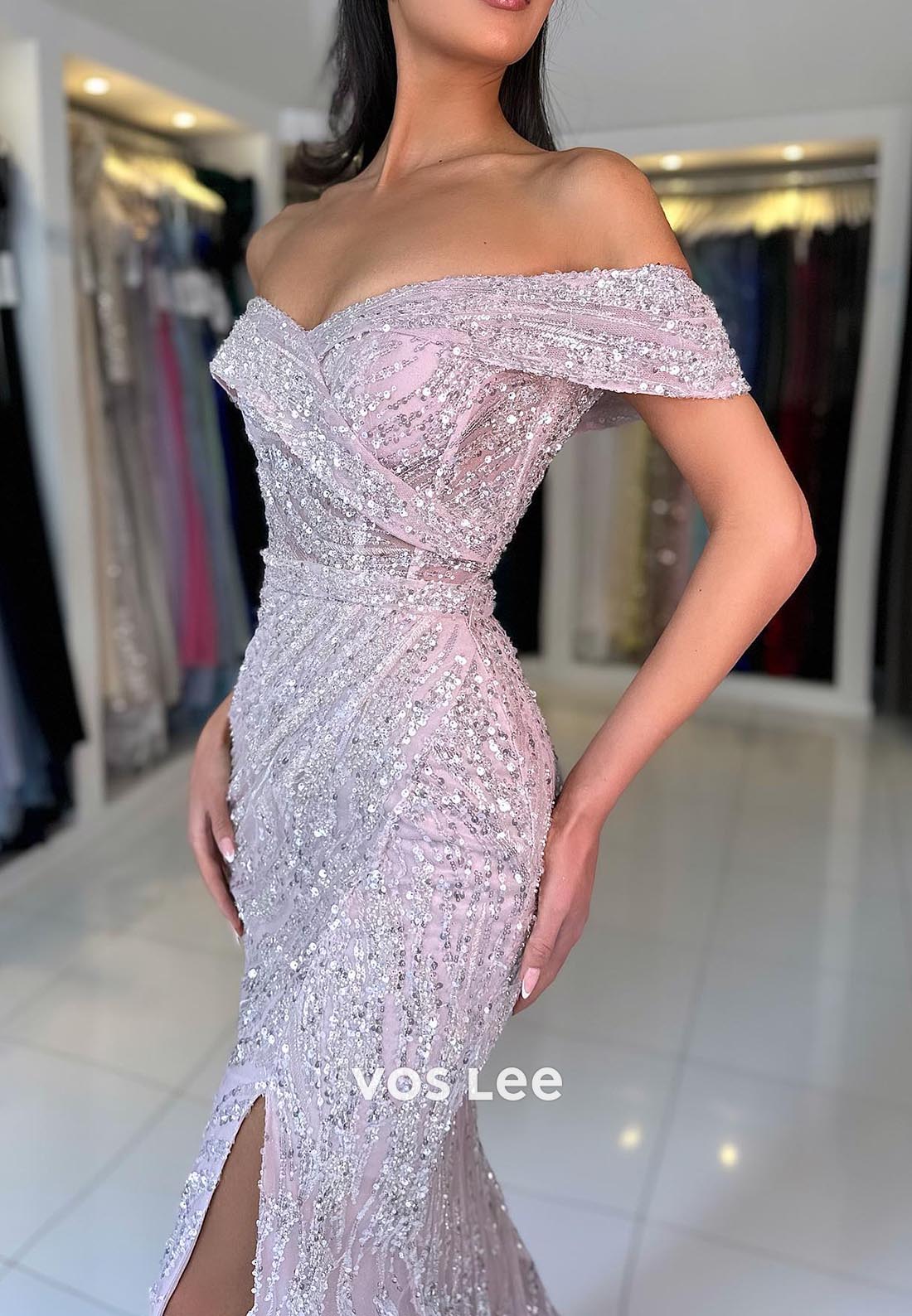 Allover Sequined Off-Shoulder Ruched Mermaid Prom Dresses with Sweep Train