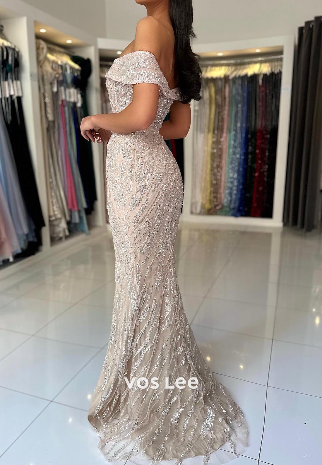 Allover Sequined Off-Shoulder Ruched Mermaid Prom Dresses with Sweep Train