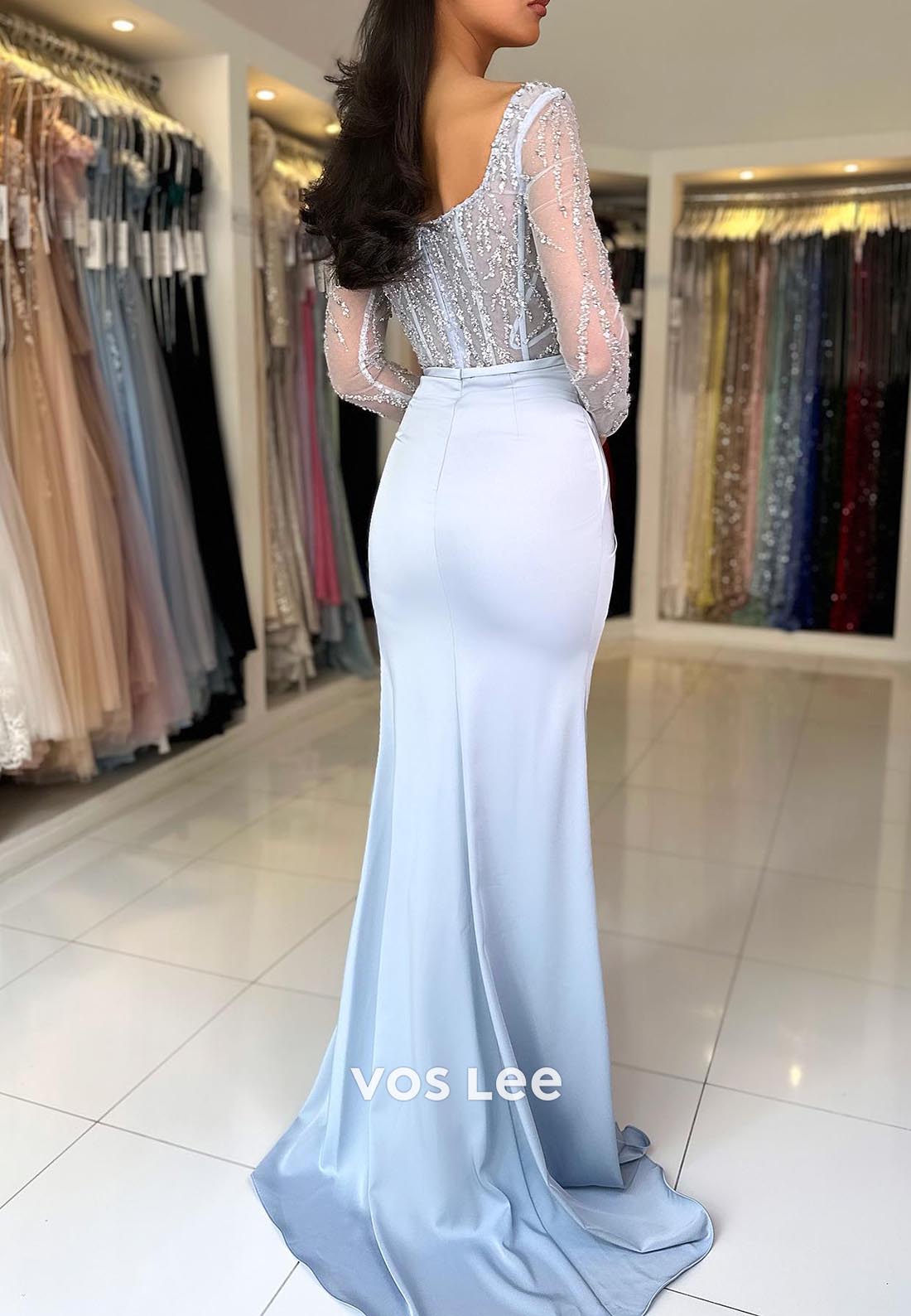 Illusion Cutout Long Sleeves Sweetheart Ruched Mermaid Prom Dresses with Split