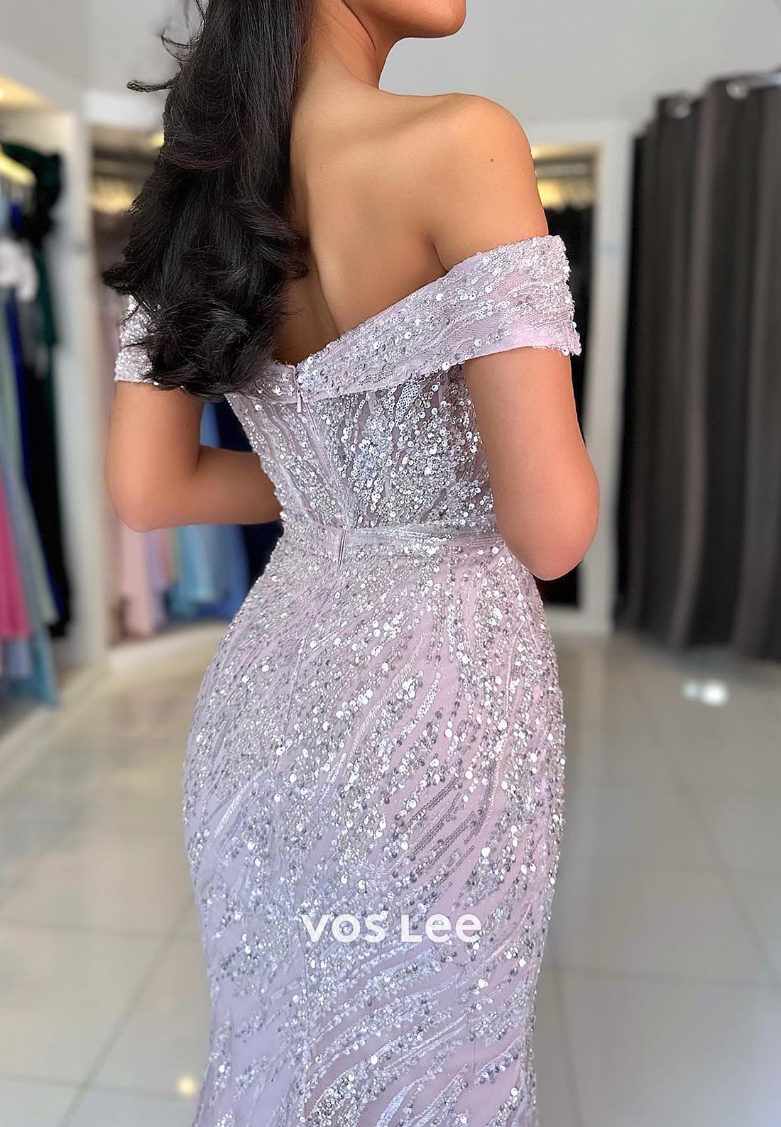 Allover Sequined Off-Shoulder Ruched Mermaid Prom Dresses with Sweep Train