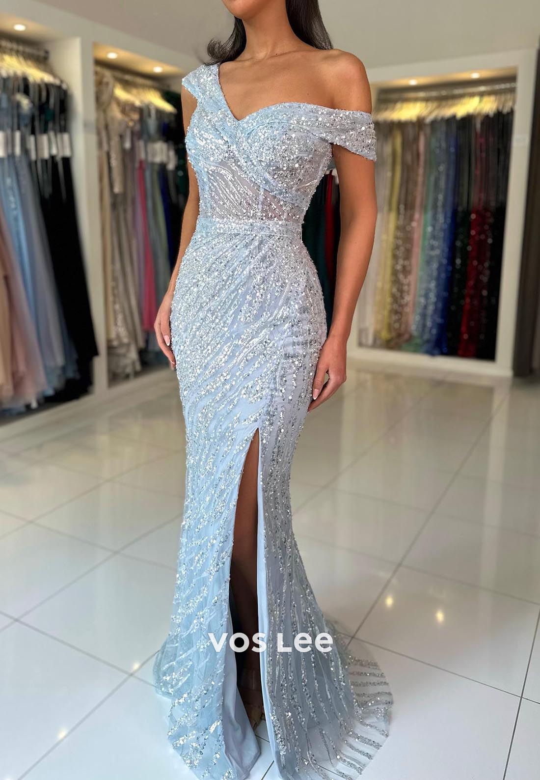 Allover Sequined Off-Shoulder Ruched Mermaid Prom Dresses with Sweep Train