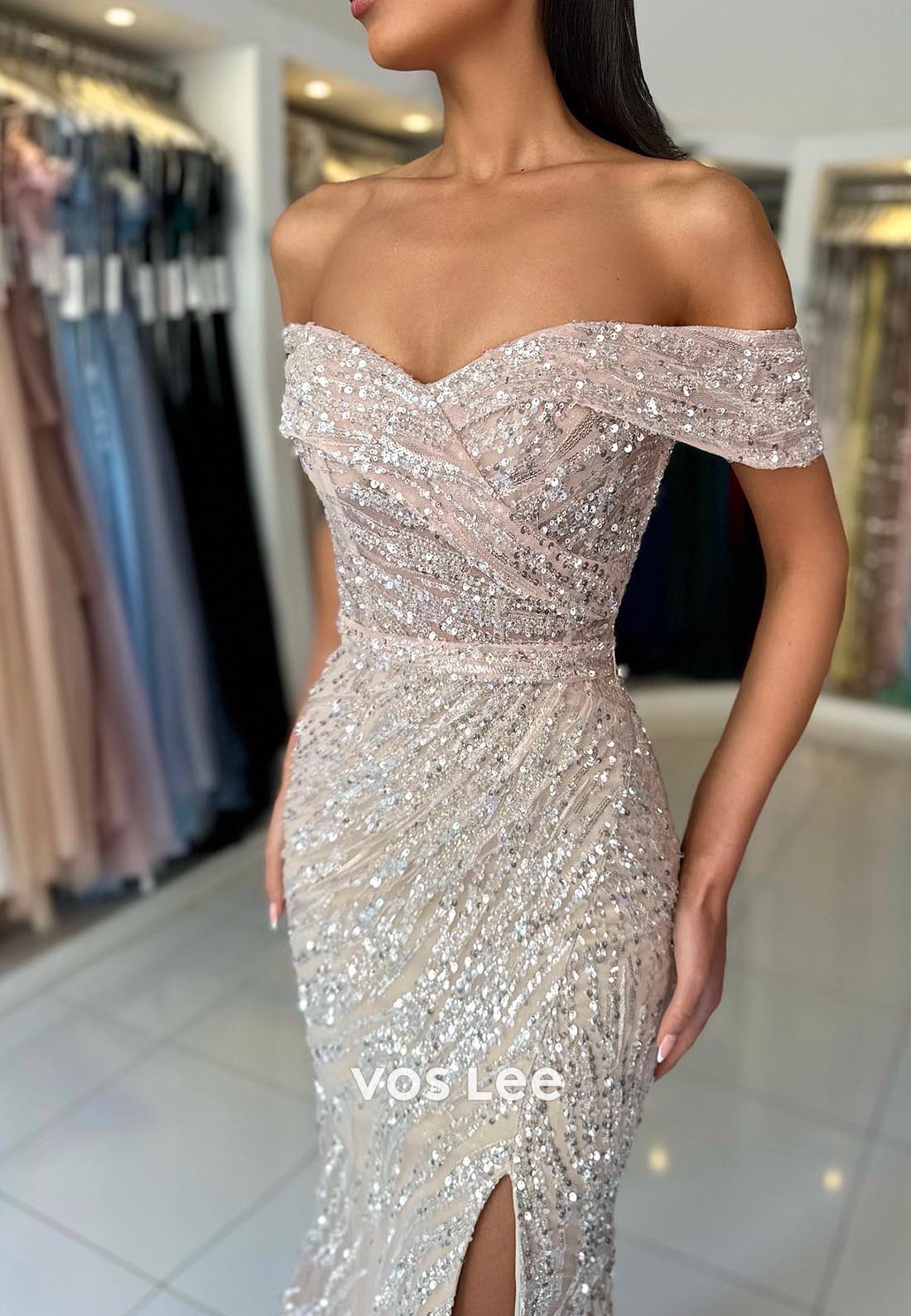 Allover Sequined Off-Shoulder Ruched Mermaid Prom Dresses with Sweep Train