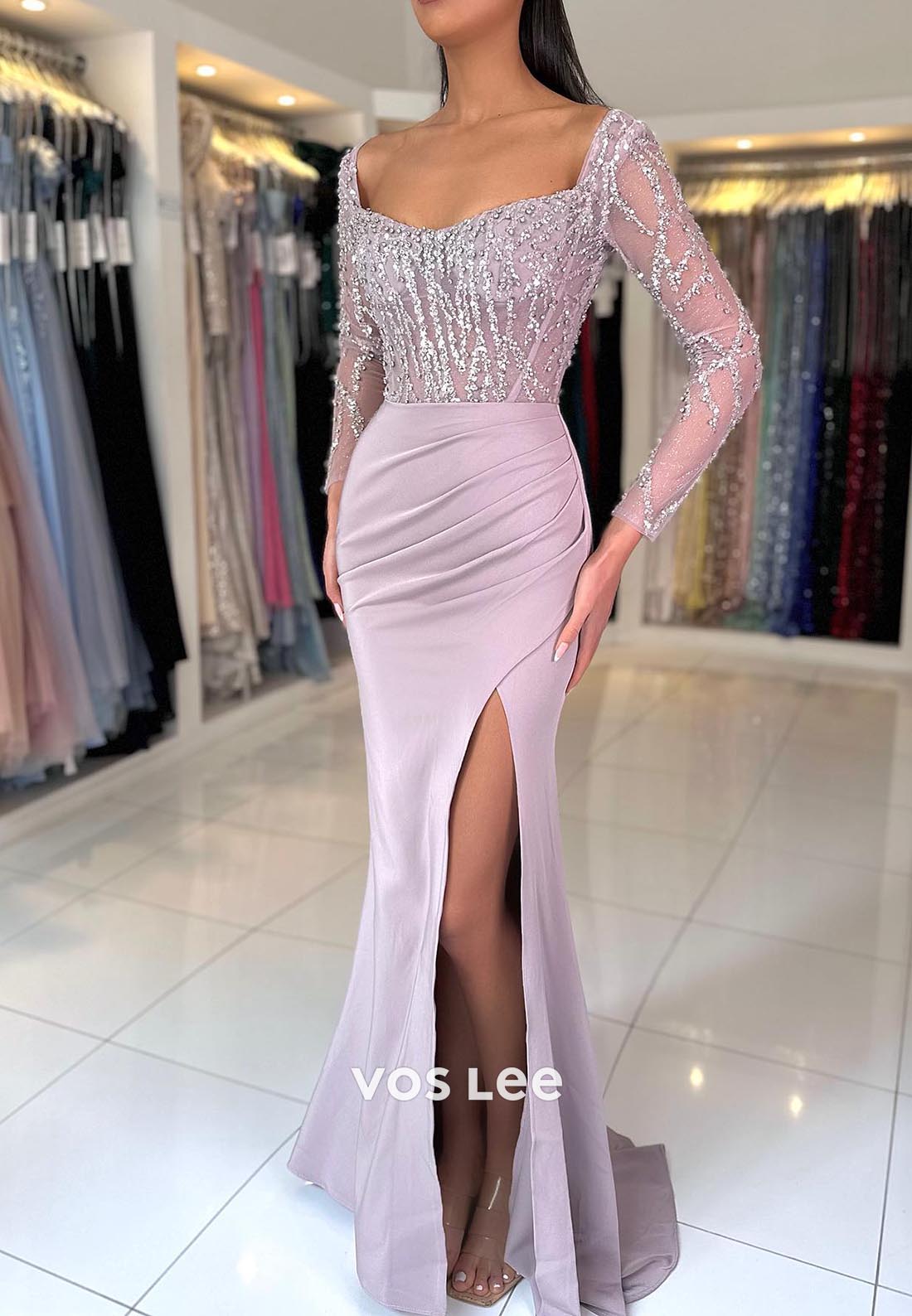 Illusion Cutout Long Sleeves Sweetheart Ruched Mermaid Prom Dresses with Split