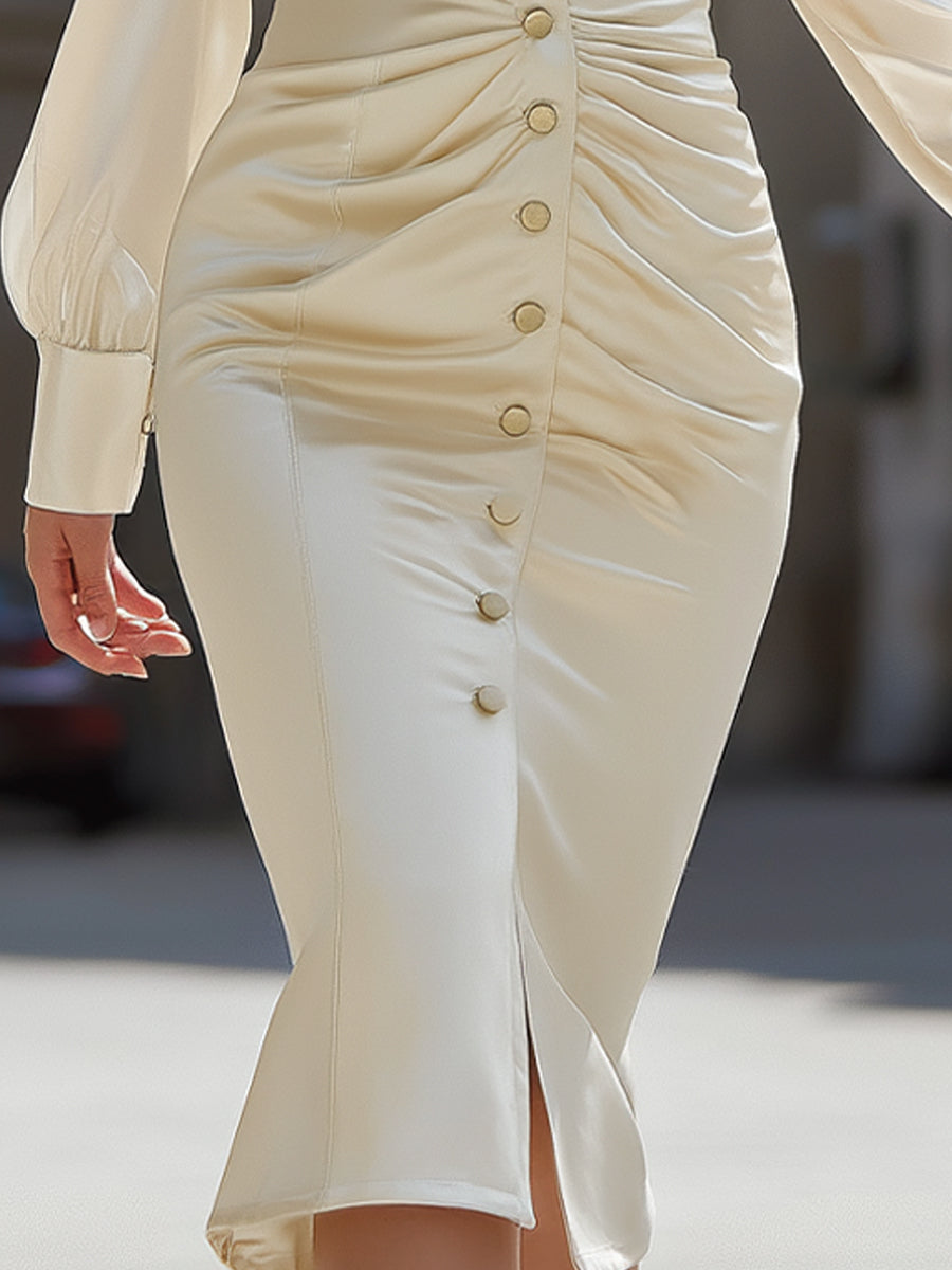VOS LEE Satin Draped Shirt Dress in Champagne Ivory