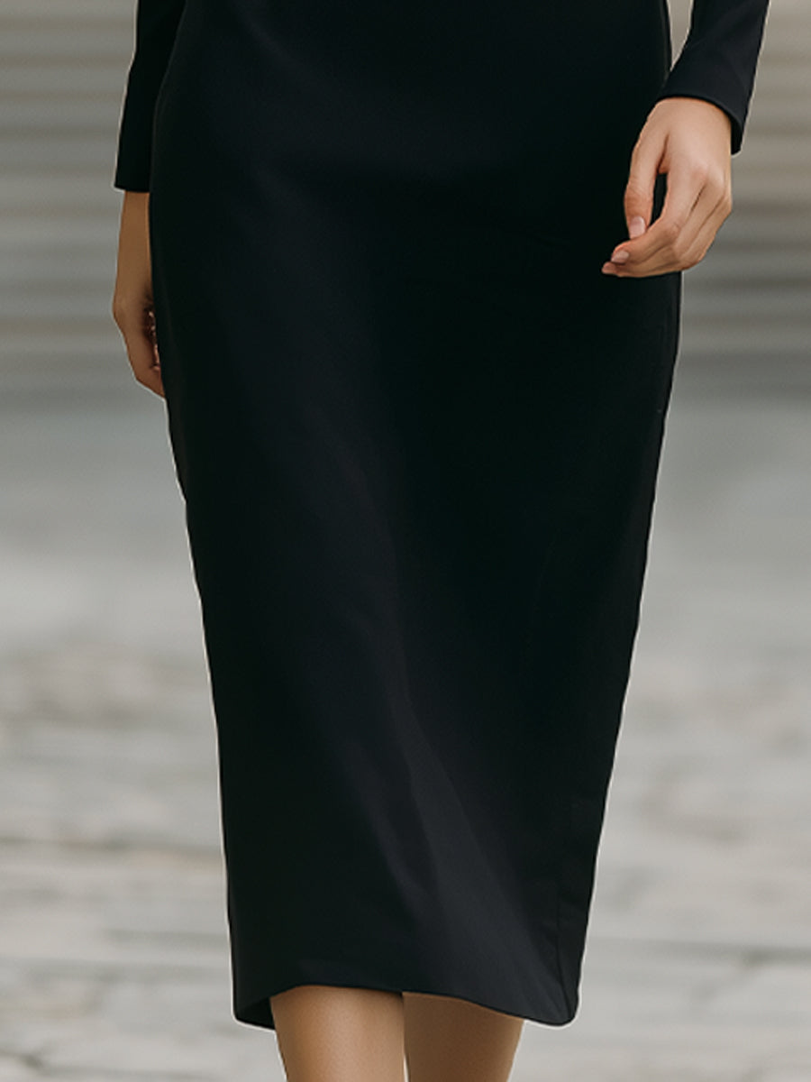 Elegant Black Midi Dress With Ivory Oversized Collar