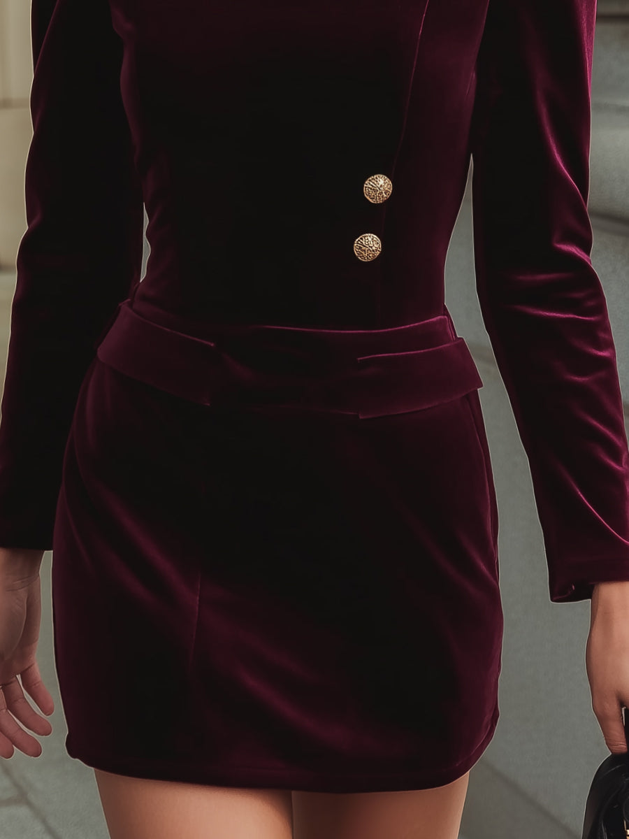 Vintage Asymmetric Button Velvet Mini Dress