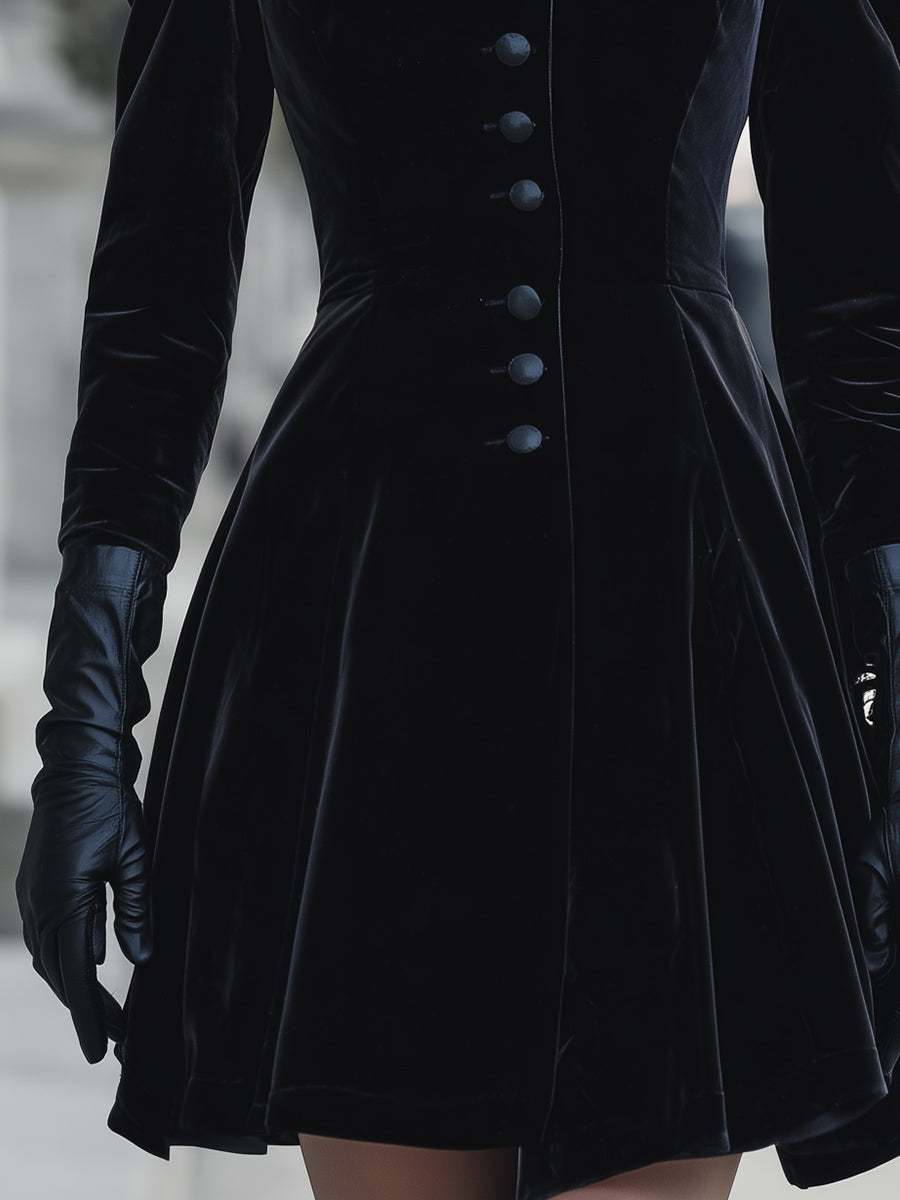 Velvet High-Neck Buttoned Mini Dress