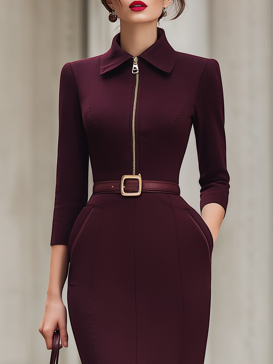 Elegant Burgundy Belted Midi Dress With Zipper Detail