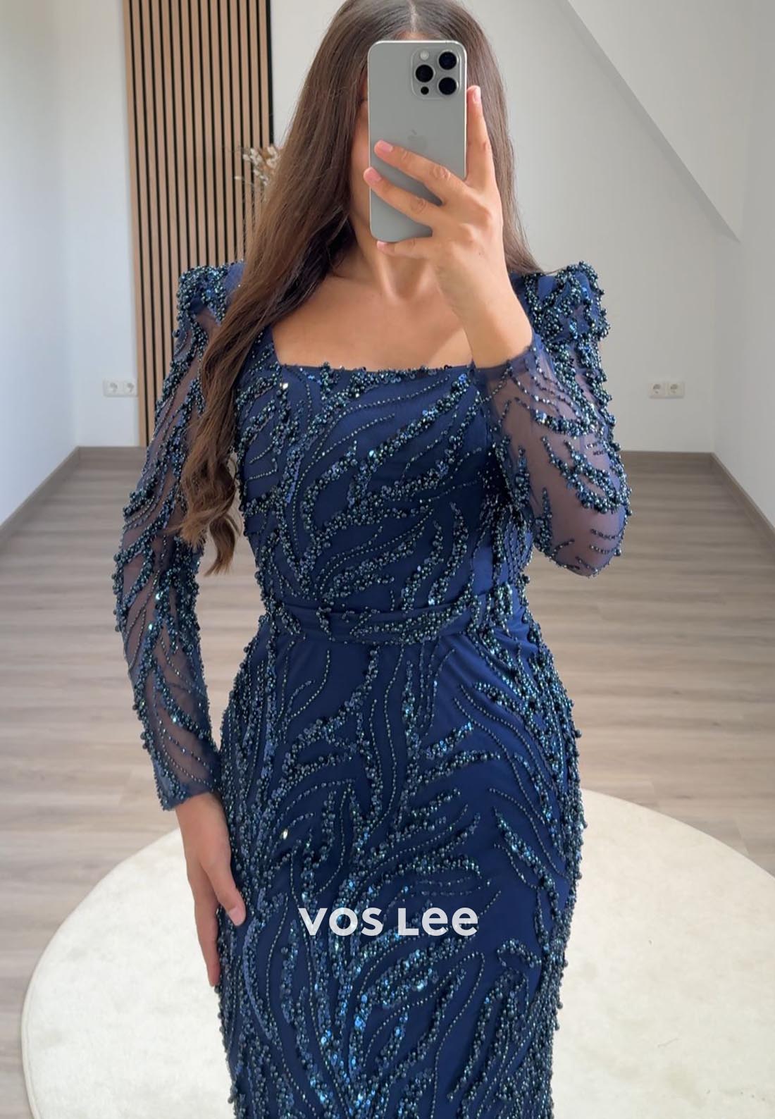 Long Sleevees Allover Lace Pearl Mermaid Midi Formal Dresses