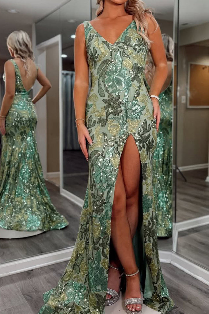 Sparkly Mermaid V Neck Sage Green Sequin Lace Long Prom Dress with Slit