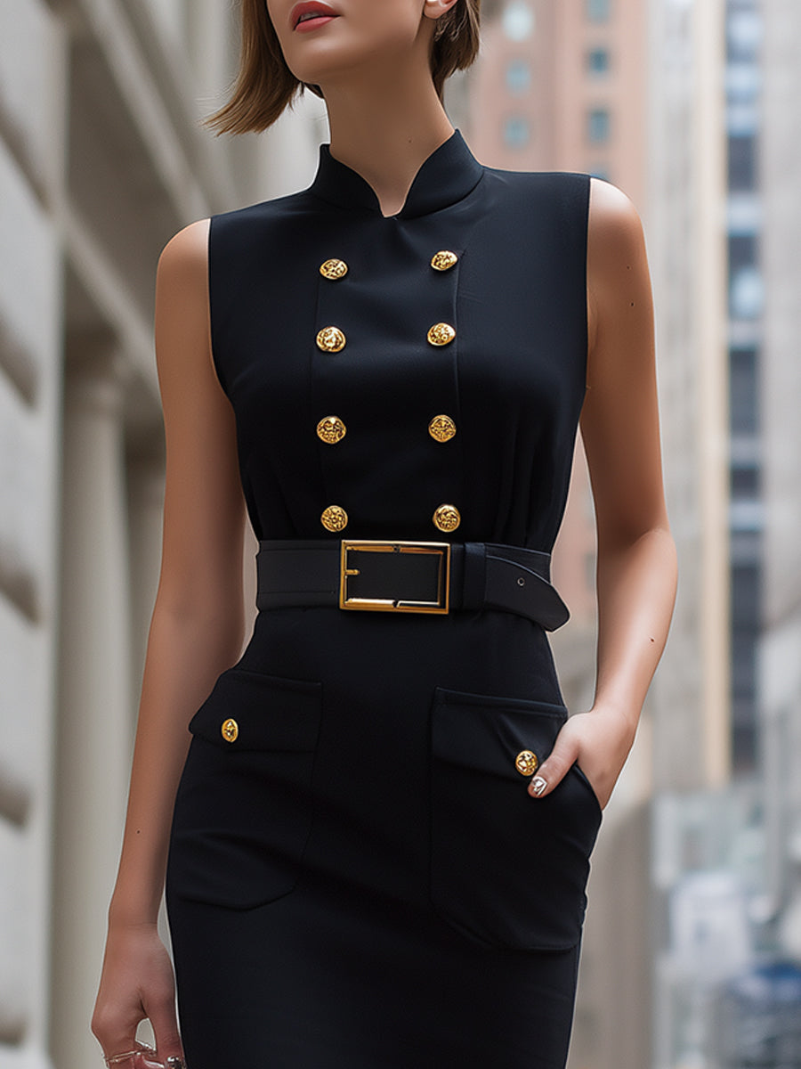 Sleeveless Black Belted Pencil Dress With Gold Buttons
