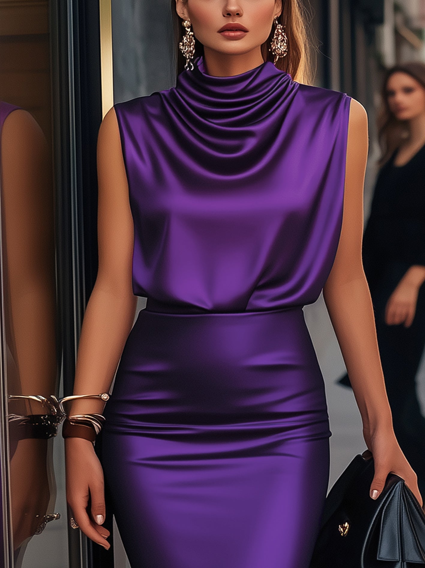 Elegant Tiered Cowl Neckline Sleeveless Dark Purple Satin Midi Dress