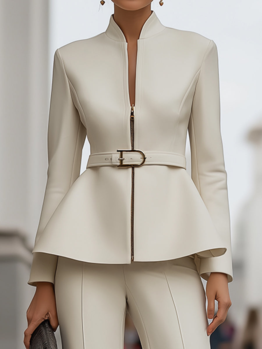 Elegant Peplum Belted Jacket And Wide-Leg Pant Set
