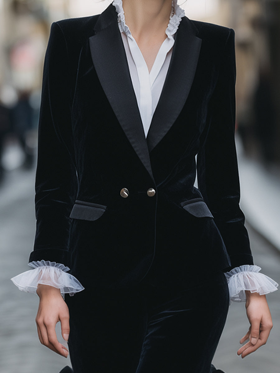 VOS LEE Ruffled Velvet Tailored Midi Dress