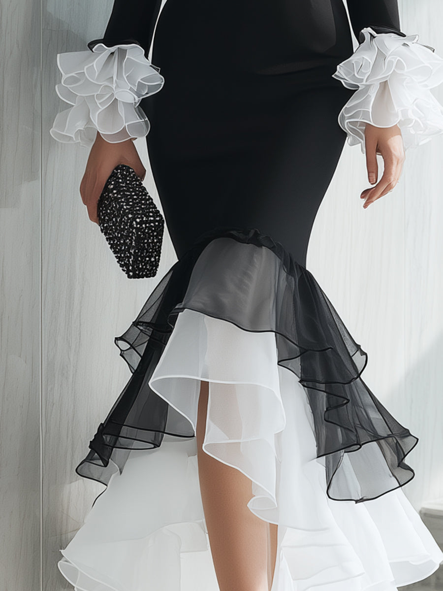 Black And White Asymmetric Ruffle Hem Gown