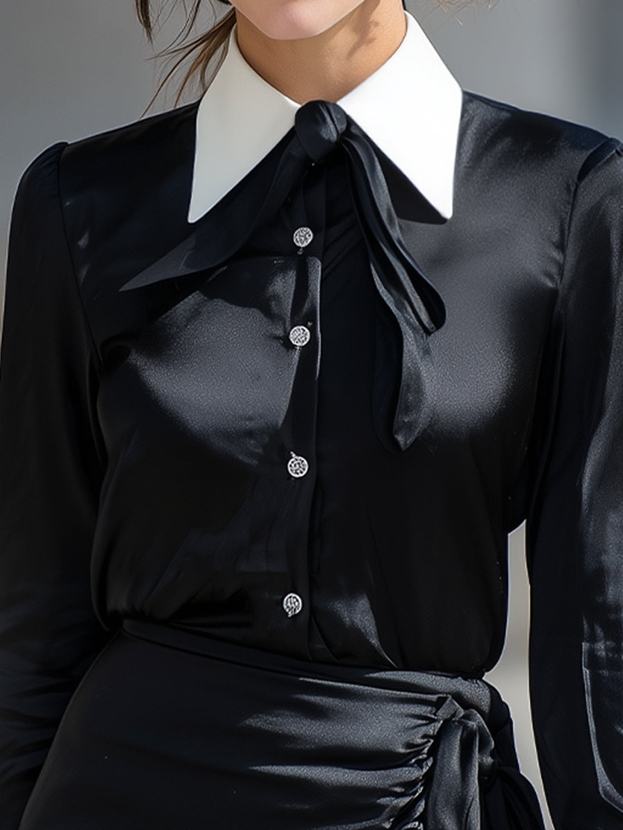 Satin Contrast Collar Tie-Neck Dress