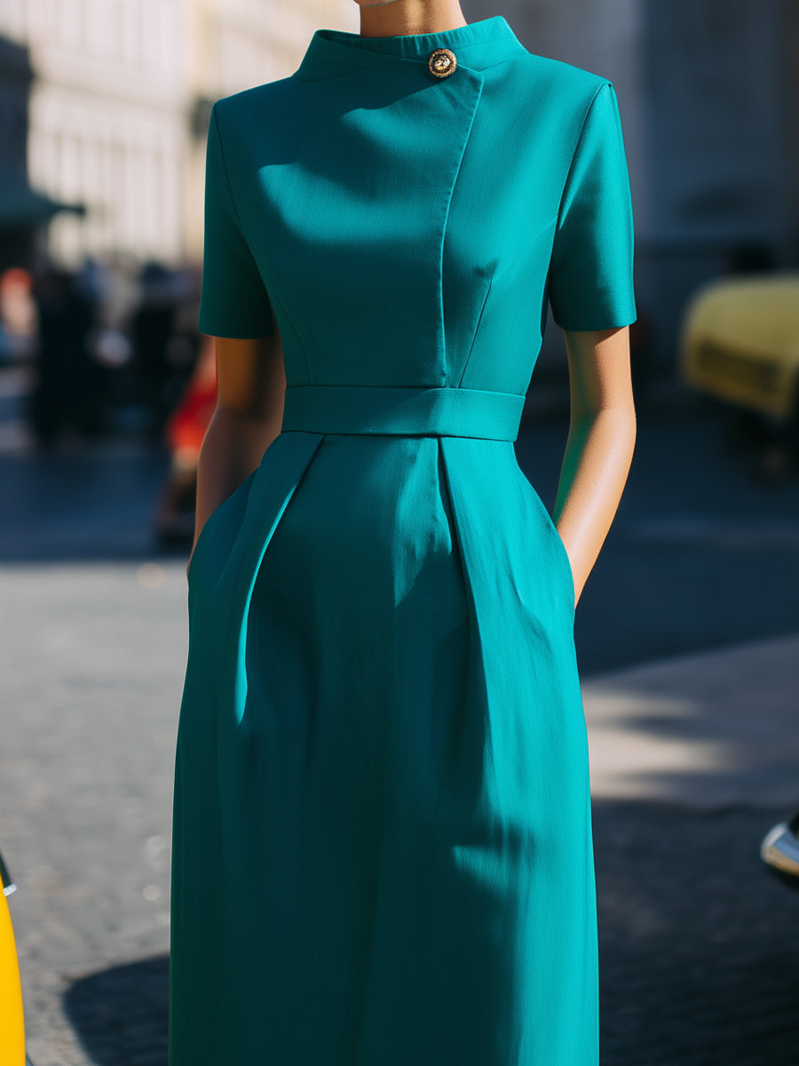 Asymmetric Button High-Neck Midi Dress In Teal Green