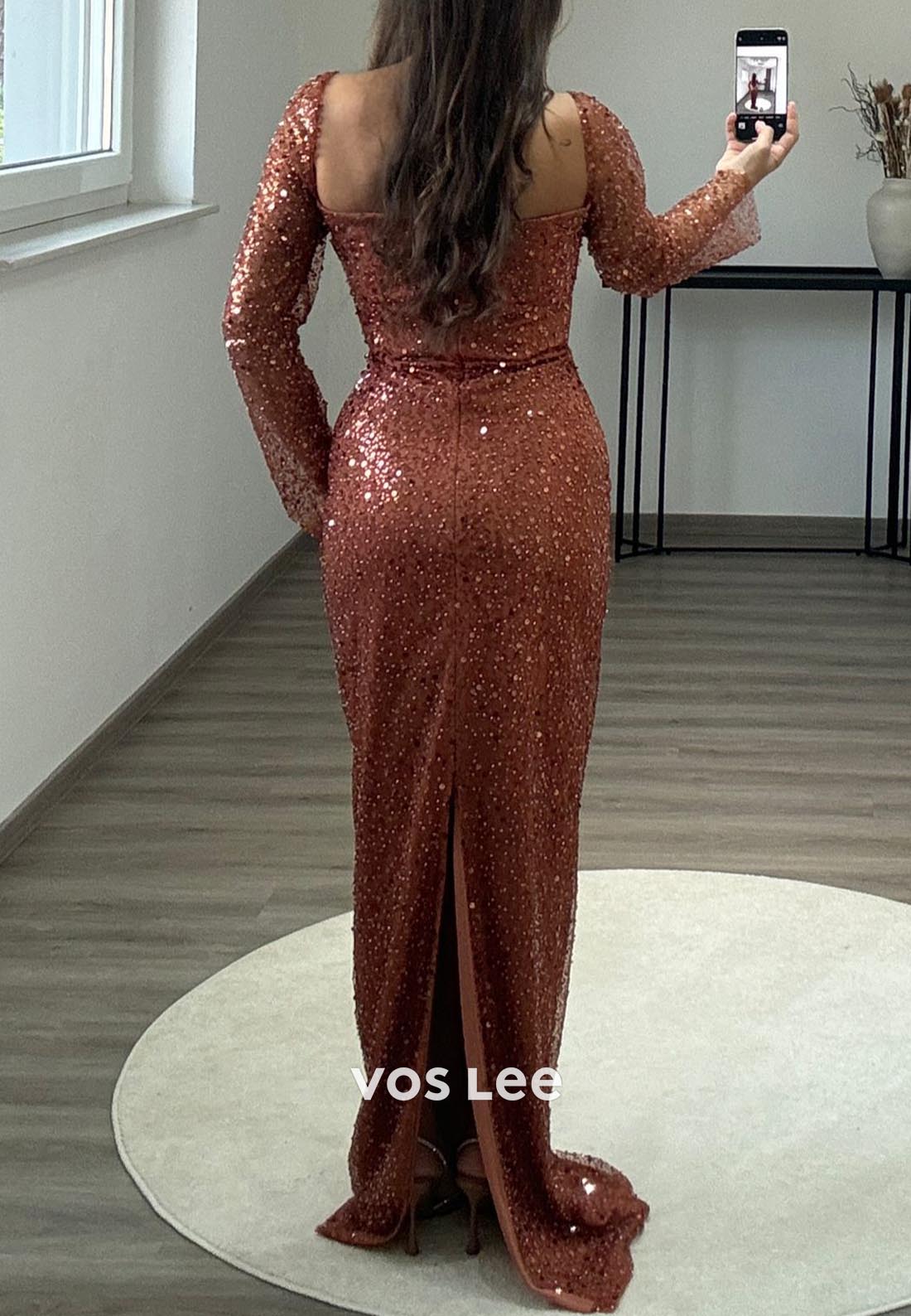 Orange Long Sleeves Allover Sequined Formal Dresses with Detachable Train