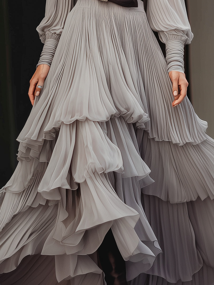 Grey Pleated High-Neck Layered Maxi Dress