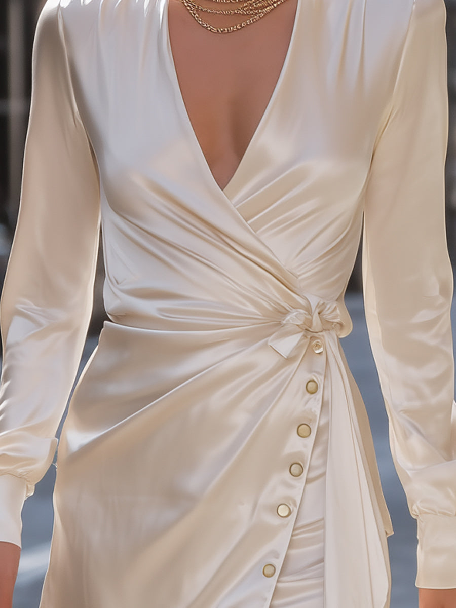 Ivory Satin Wrap Dress With Button Detail