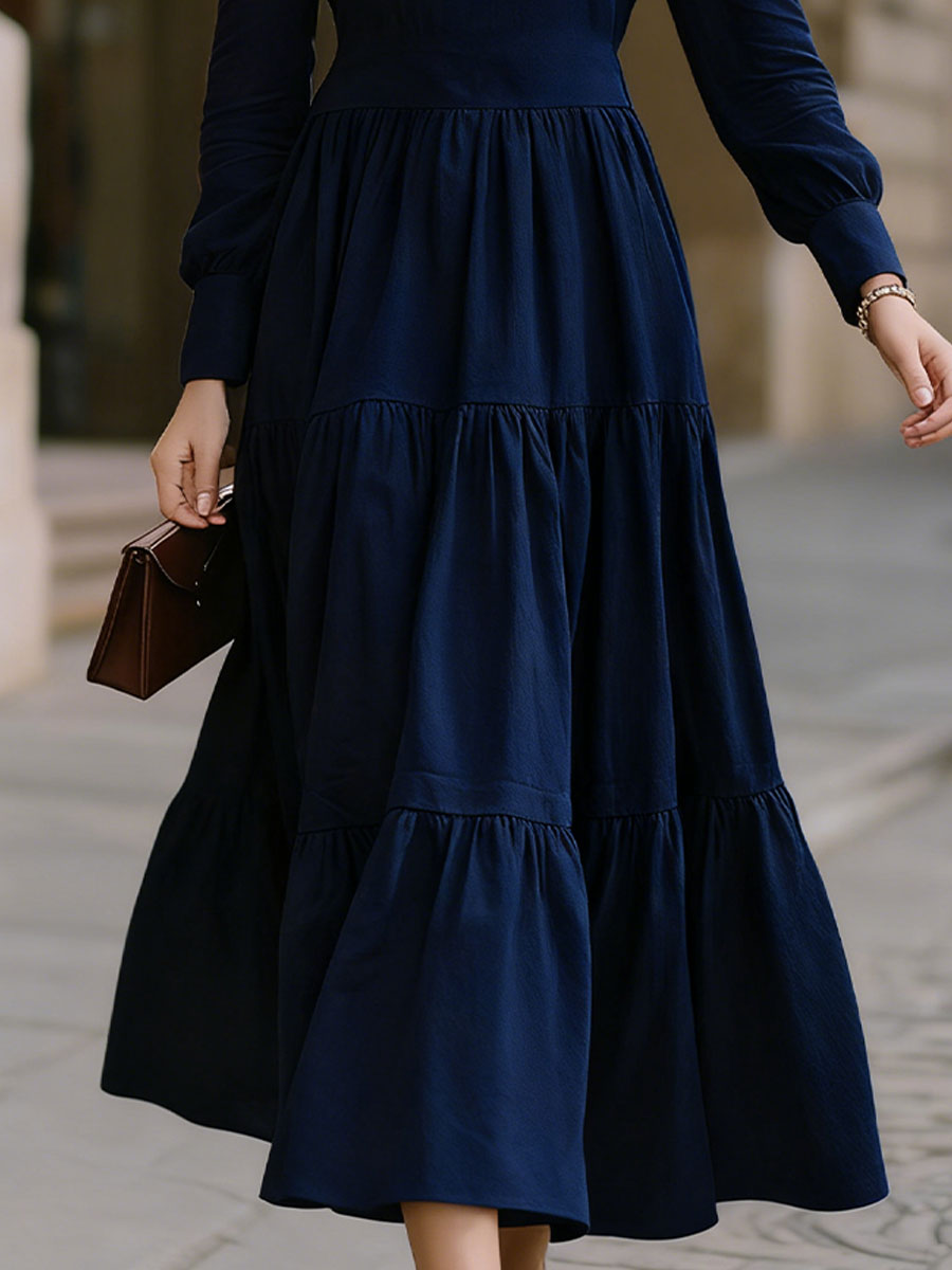 Navy Blue Square Neck Tiered Maxi Dress