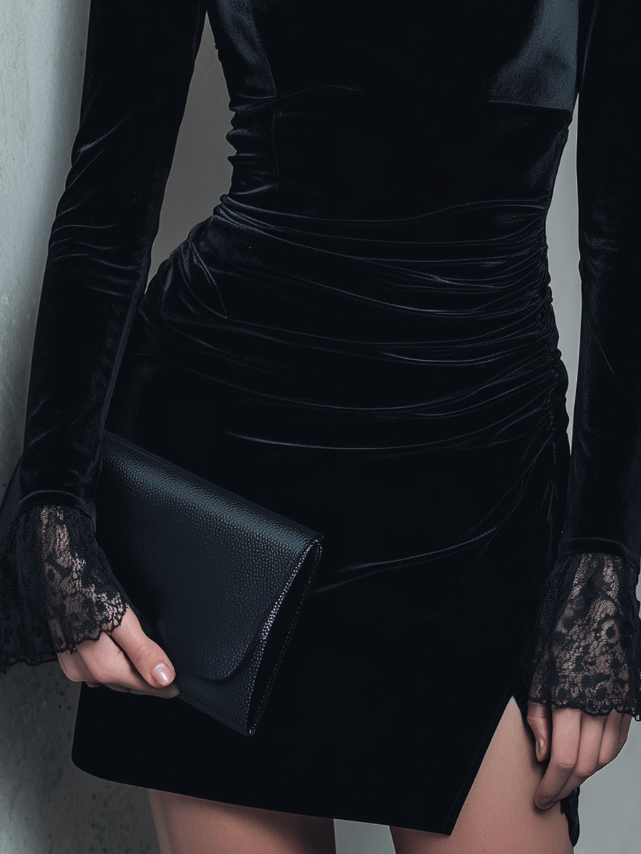 VOS LEE Black Velvet Lace-Trimmed Cocktail Dress