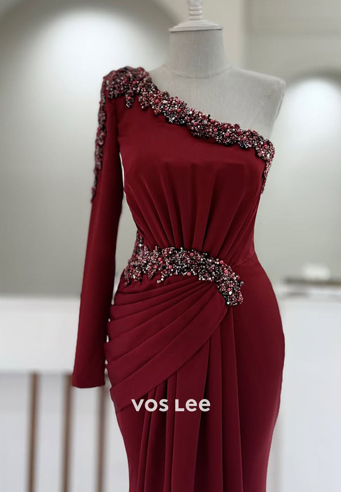 Sparking One Shoulder Crystals Bead Long Sleeve Sheath Evening Gowns