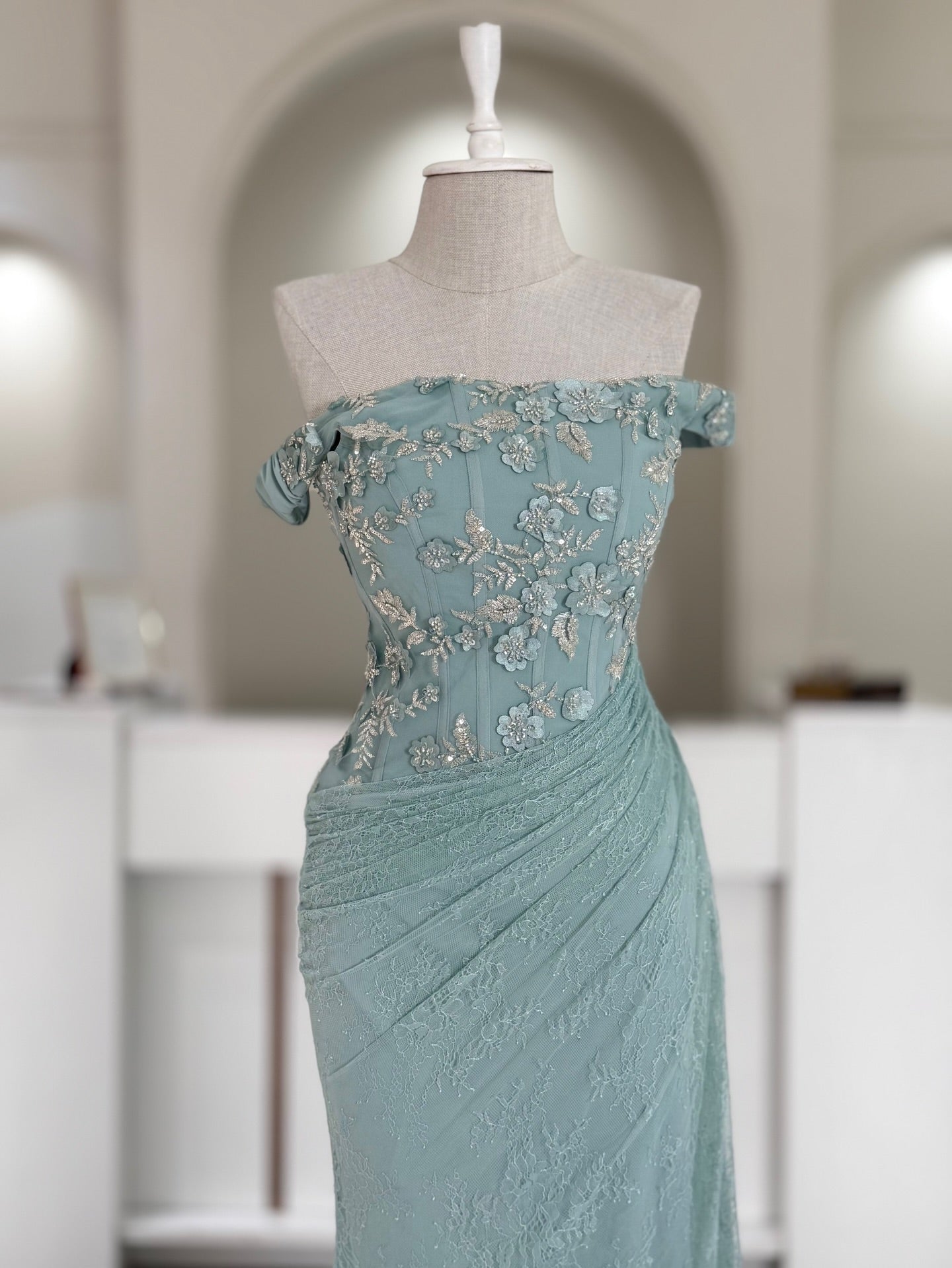 Blush Pink Lace Mermaid Gown | Off-the-Shoulder 3D Floral Applique Formal Dress