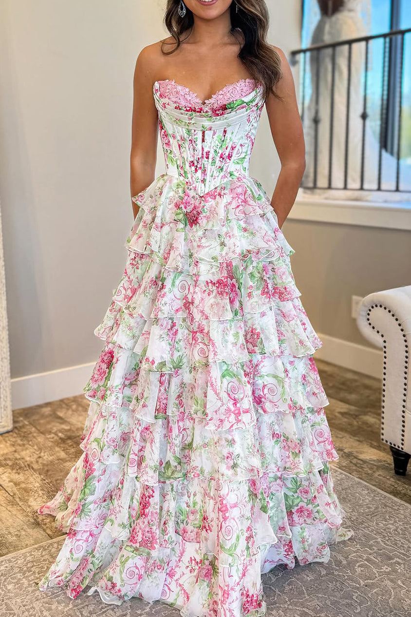 Gorgeous A Line Sweetheart Floral Chiffon Tiered Prom Dress with Slit