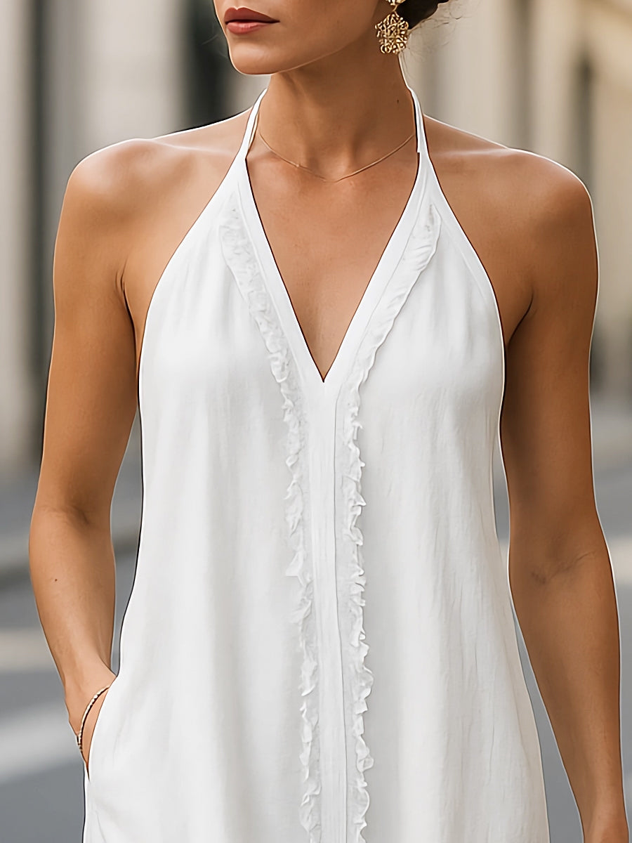 Halter Maxi Dress With Subtle Ruffle Trim Wedding Guest Dresses