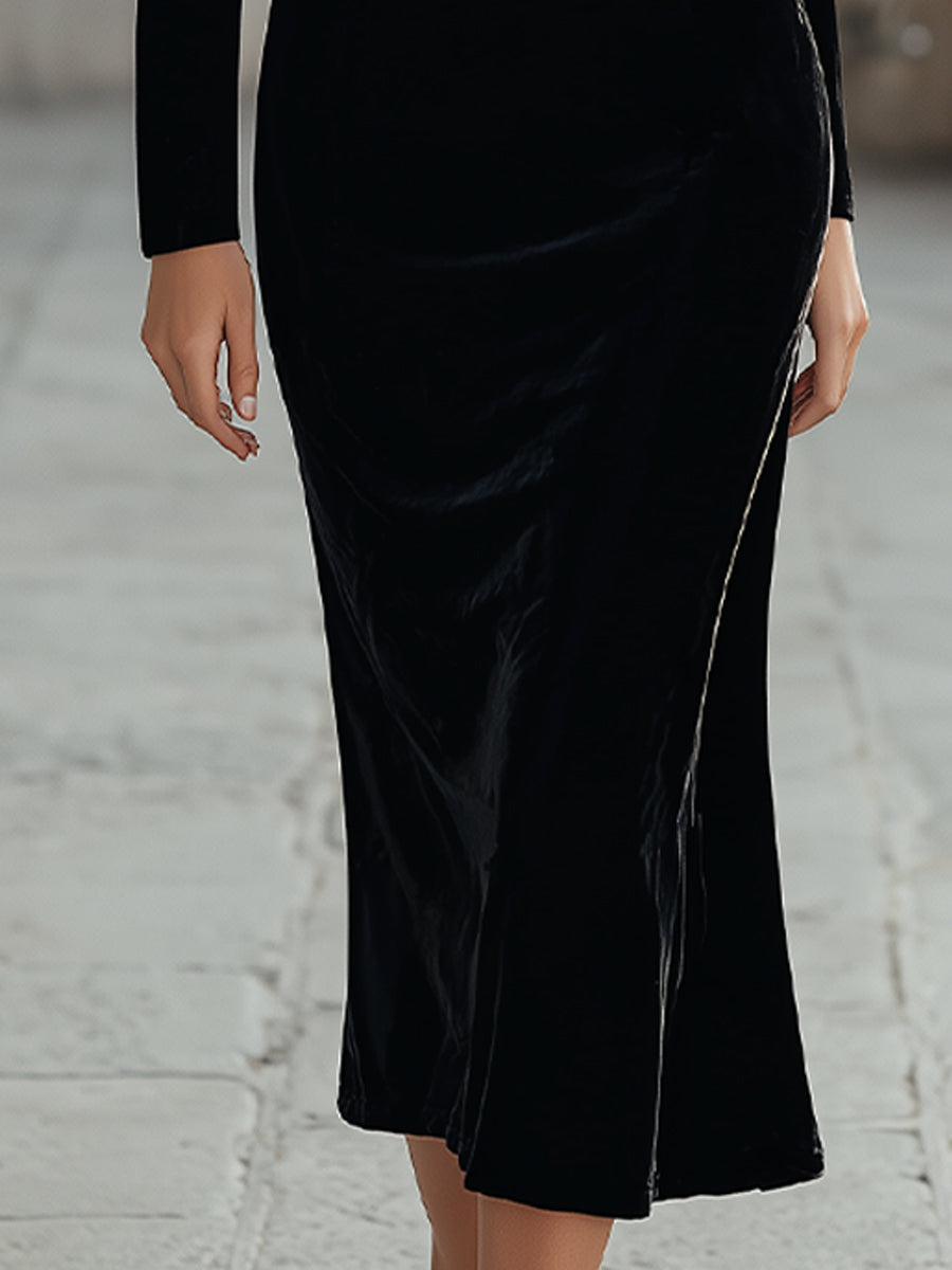 Elegant Velvet Cowl Neck Midi Dress Panel Lace