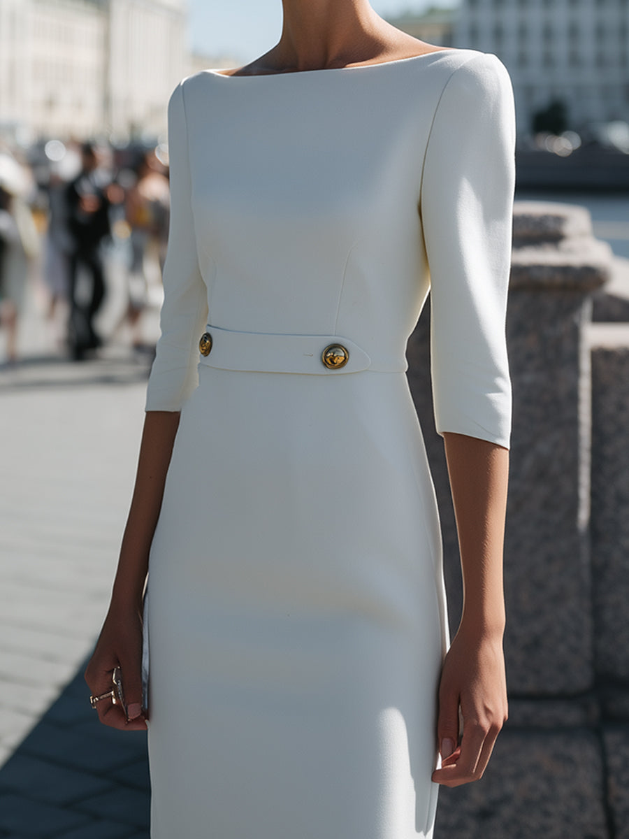 Tailored Waist Pencil Dress In Porcelain White