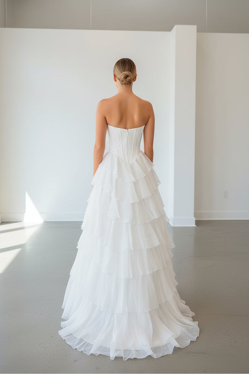 Cute A Line Strapless White Tiered Chiffon Prom Dress with Beading