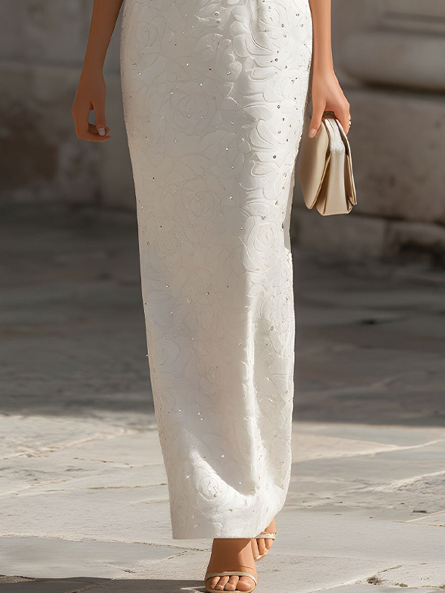 Mooyius Presents The White Embossed Floral Sleek Maxi Dress