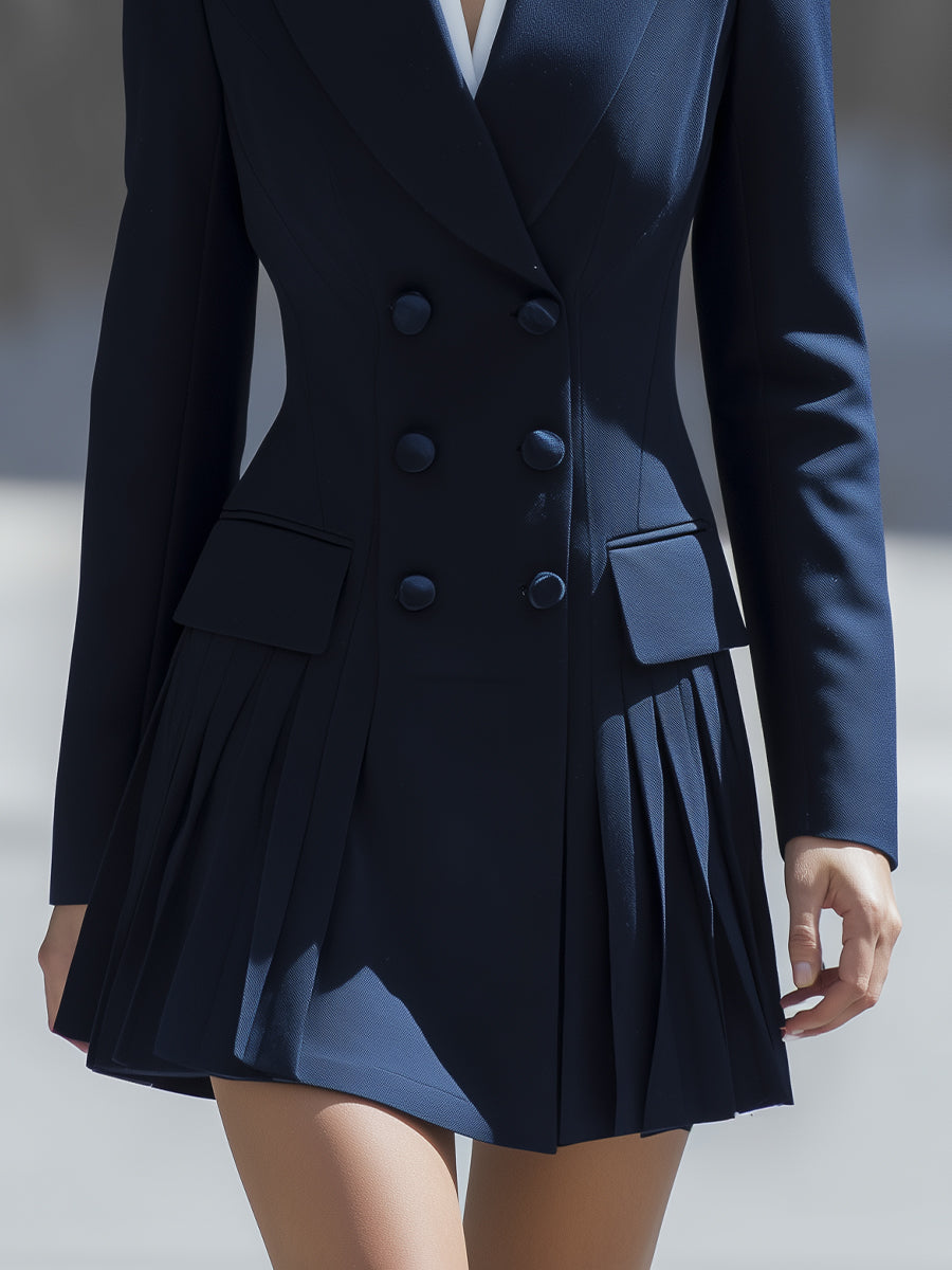 Navy Double-Breasted Pleated Blazer Dress