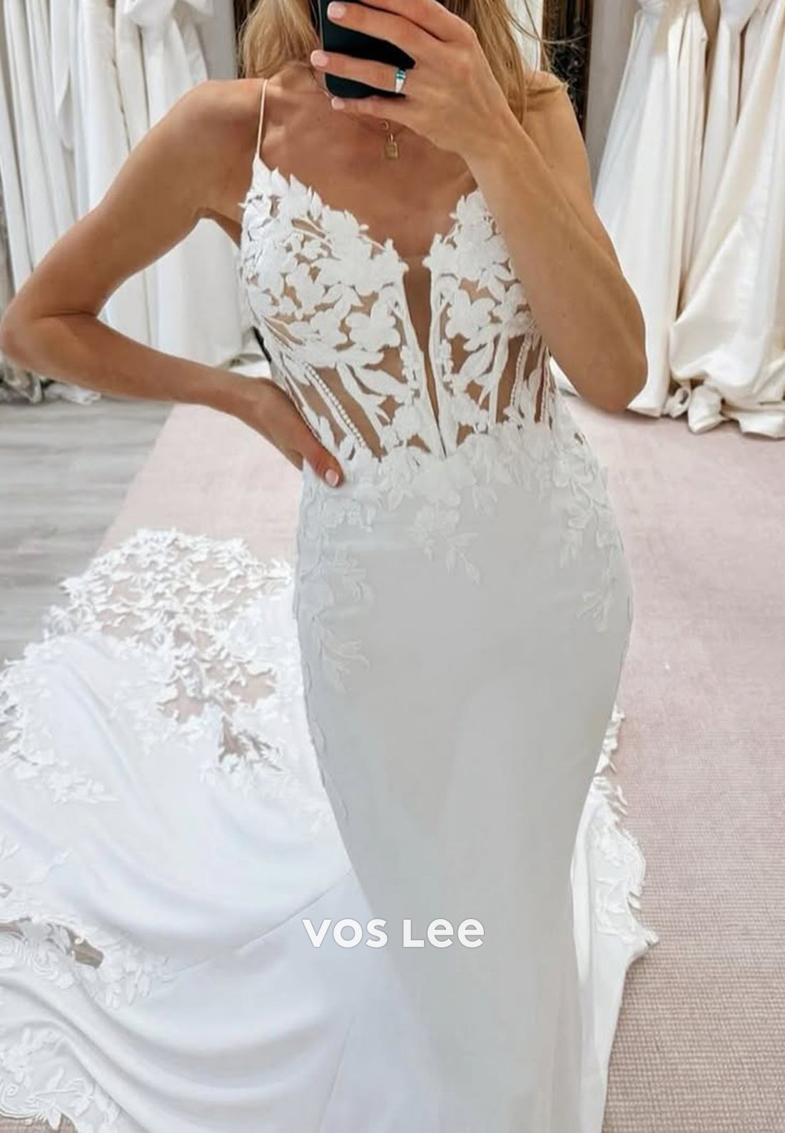 Spaghetti Straps Appliques Pearls Mermaid Wedding Dresses with Court Train