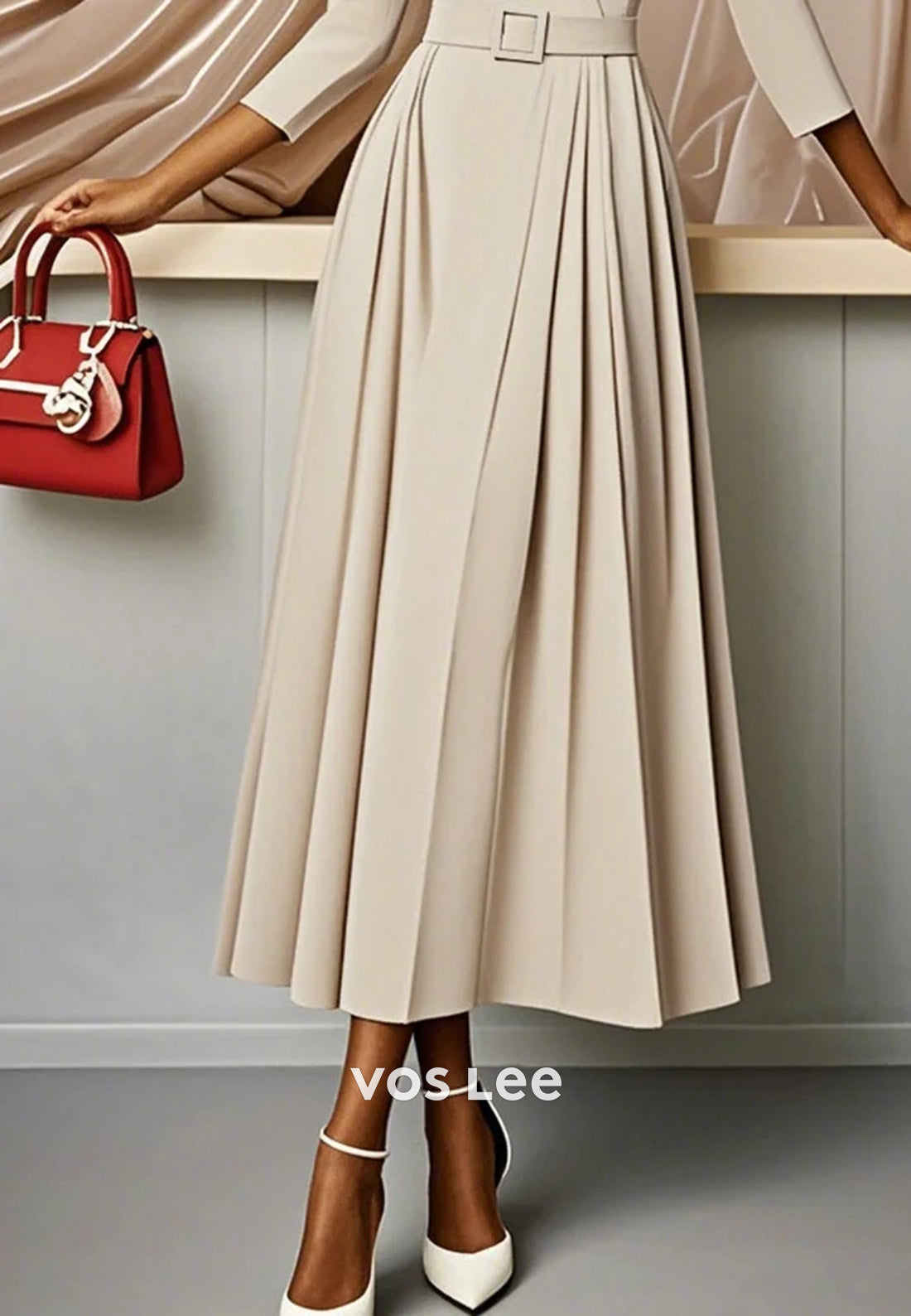 V Neck 3/4 Sleeve Ankle-Length Pleated Wedding Guest Dresses Party Dresses